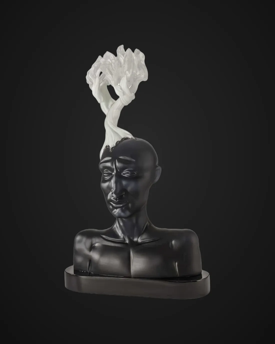 Glass sculpture by Alexis Silk: black bust with white smoke