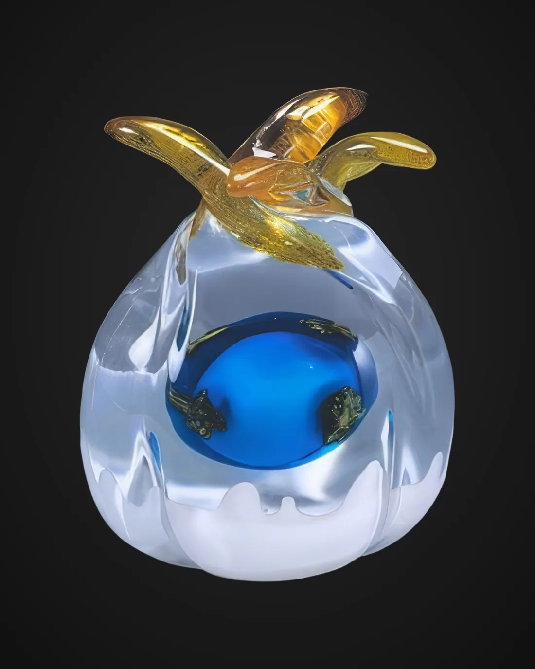 Glass sculpture by Vania Galli: drop with blue sphere and golden leaves