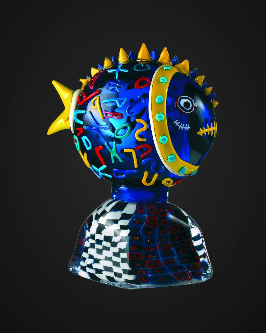 Glass sculpture by Alfredo Sosabravo: blue head with golden rays