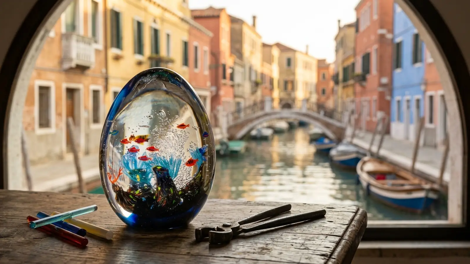 Egg-shaped Murano crystal aquarium on a workbench, in front of a Venice canal