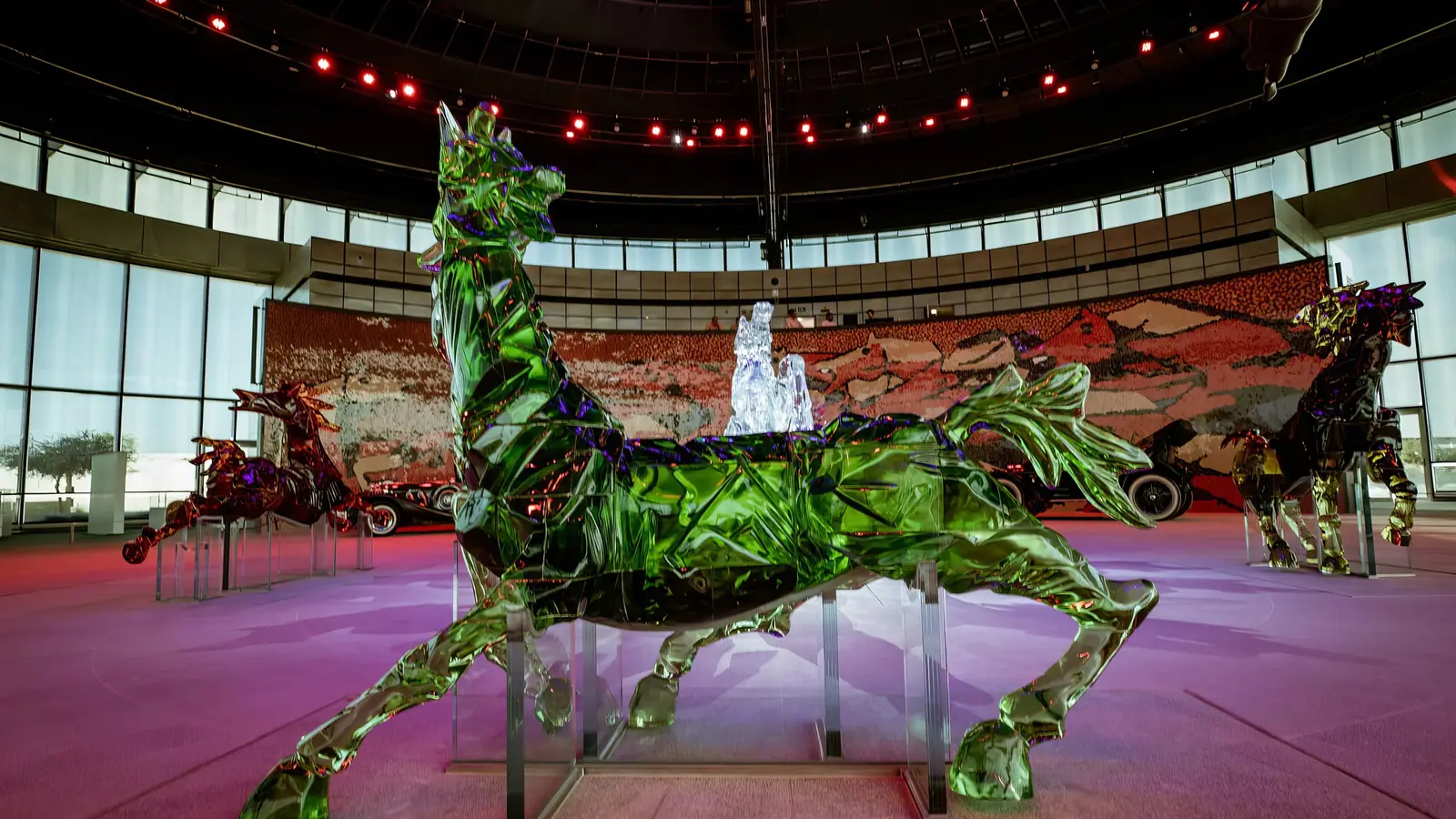 Life-size Murano glass horses by M.F. Husain in the Qatar Foundation museum