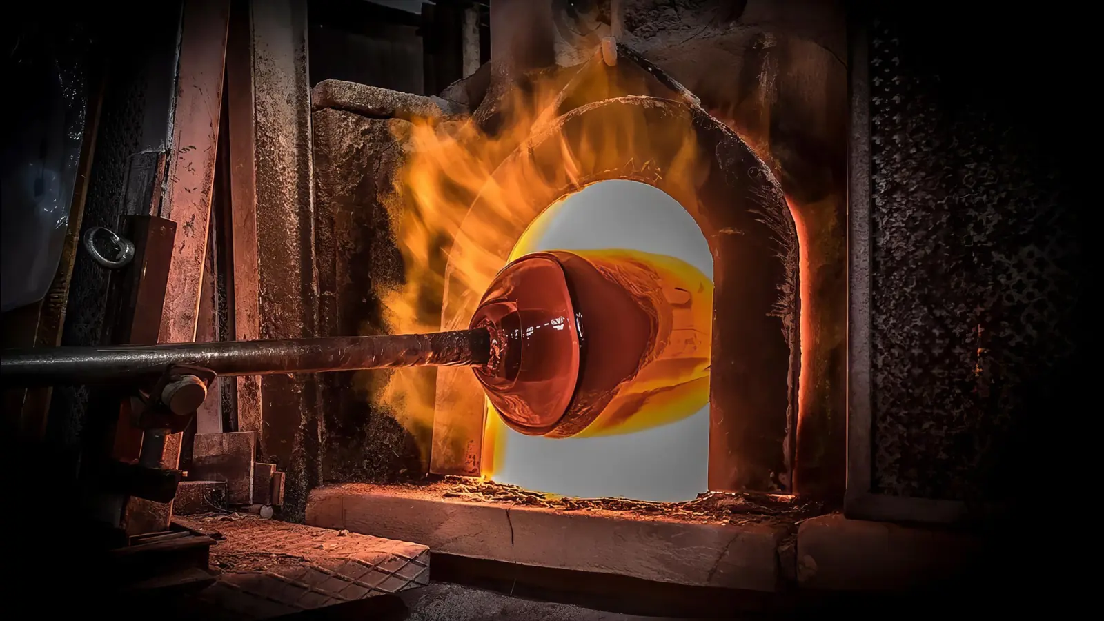 Incandescent glass taken from the furnace