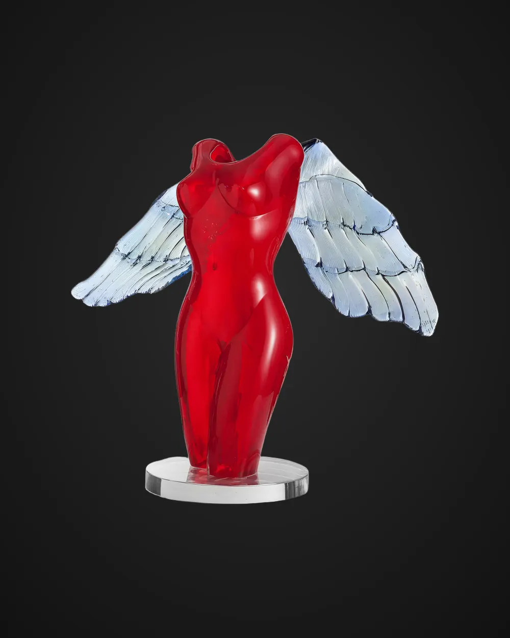 Glass sculpture by Alexis Silk: red torso with white wings